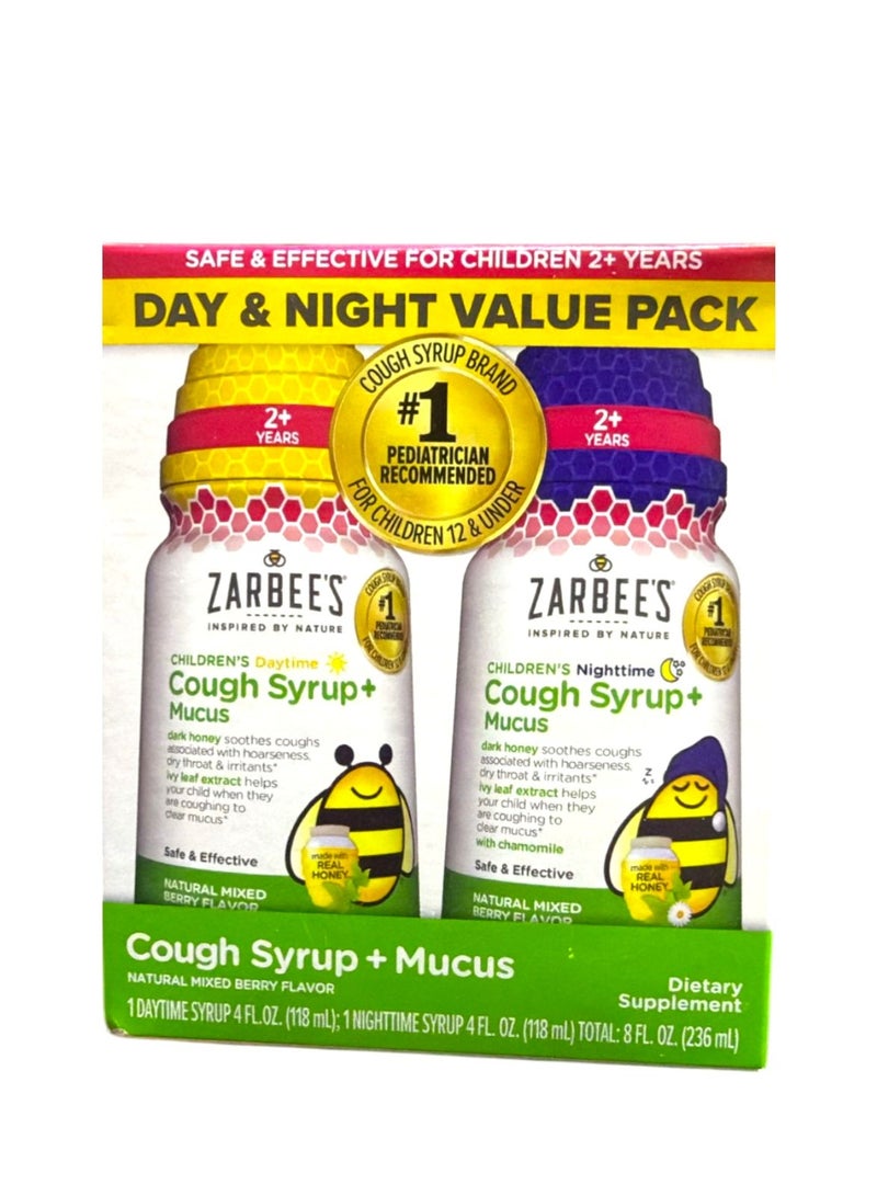 Zarbee's Kids Cough + Mucus Day/Night Value Pack for Children 2-6 with Dark Honey, Ivy Leaf, Zinc & Elderberry, 1 Pediatrician Recommended, Mixed Berry Flavor, 2x4FL Oz - Image 1